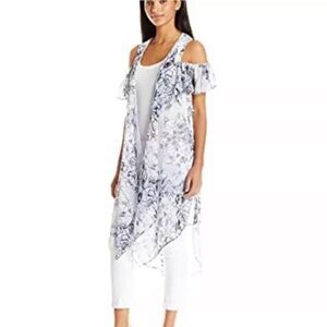 BCBGeneration Blue Floral Sheer Lightweight Cold Shoulder Kimono Top One Size